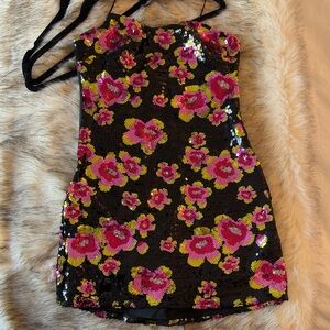 For Love And Lemons Black Sequin Dress with Pink & Yellow Floral Embroidery